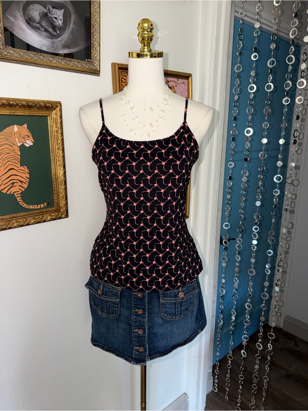 Vintage Y2K Black & Pink Crescent-Print Spaghetti Strap Tank Top